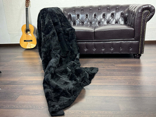Black real sheepskin lamb wool fur throw blanket — front view, TatiFurs
