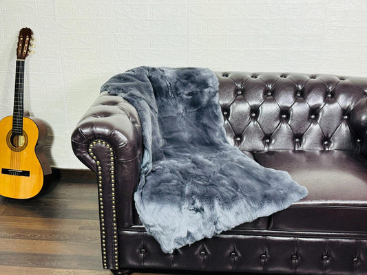 Real Full Skin Pelt Rex Rabbit Grey Color Fur Blanket Throw • Housewarming Gift Sofa Cover n Bedspread • Handmade Genuine Fur