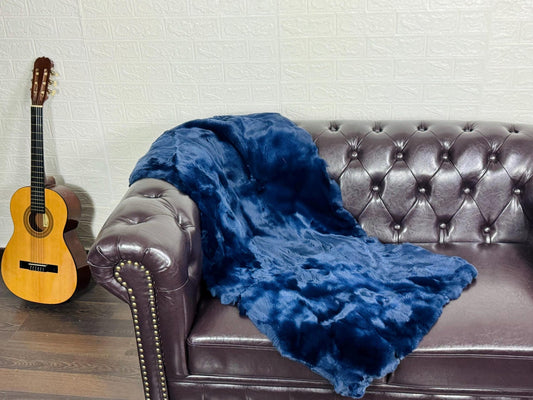 Real Full Skin Pelt Rex Rabbit Blue Color Fur Blanket Throw • Housewarming Gift Sofa Cover n Bedspread • Handmade Genuine Fur