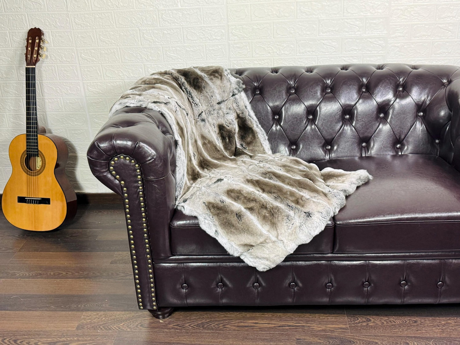 Real Full Skin Pelt Rex Rabbit Gray Brown Color Fur Blanket Throw • Housewarming Gift Sofa Cover n Bedspread •  Handmade Genuine Fur