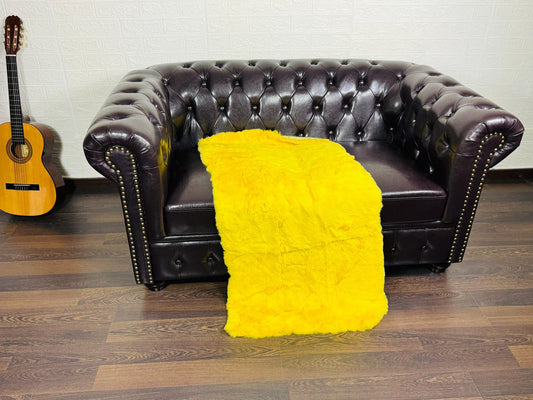 Real Full Skin Pelt Rex Rabbit Yellow Color Fur Blanket Throw • Housewarming Gift Sofa Cover n Bedspread • Handmade Genuine Fur