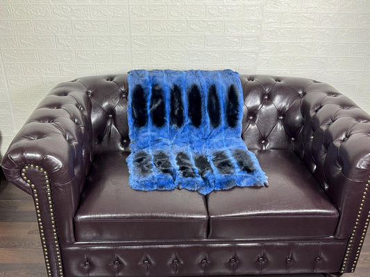 Real Full Skin Pelt Rex Rabbit Blue Black Color Fur Blanket Throw • Housewarming Gift Sofa Cover n Bedspread • Handmade Genuine Fur