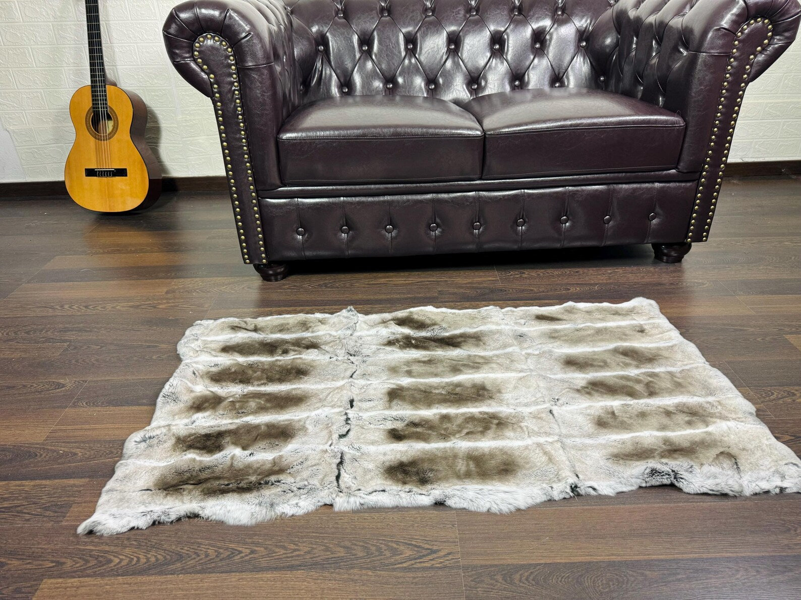 Real Full Skin Pelt Rex Rabbit Gray Brown Color Fur Blanket Throw • Housewarming Gift Sofa Cover n Bedspread •  Handmade Genuine Fur