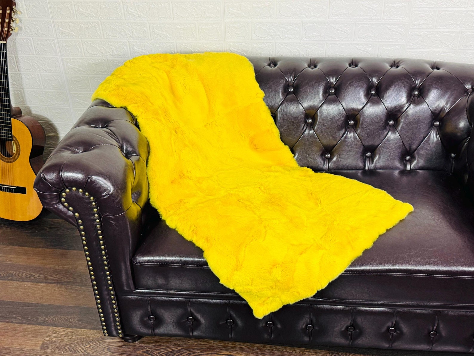 Real Full Skin Pelt Rex Rabbit Yellow Color Fur Blanket Throw • Housewarming Gift Sofa Cover n Bedspread •  Handmade Genuine Fur