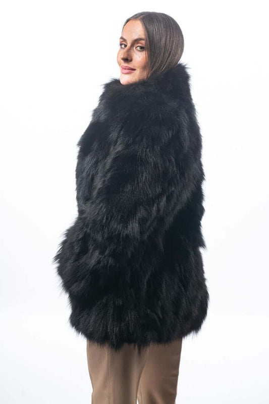 Fox fur jacket black with collar displaying colour matched black fox patchwork panels and below hip silhouette — Greek craftsmanship, TatiFurs