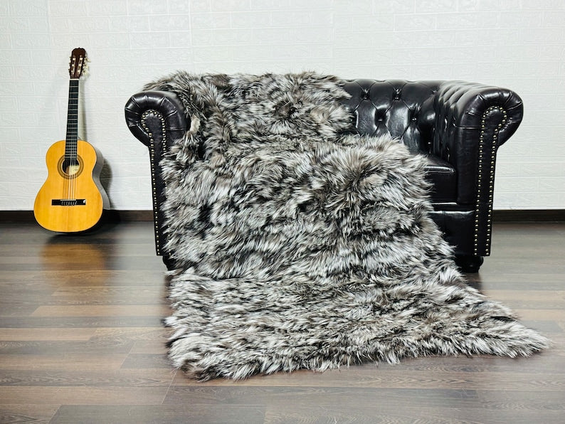 Real Silver Fox Fur Blanket Throw • Home Warmer Genuine Fur Blanket Throw • Housewarming gift • Vintage Fur Blanket Sofa Cover