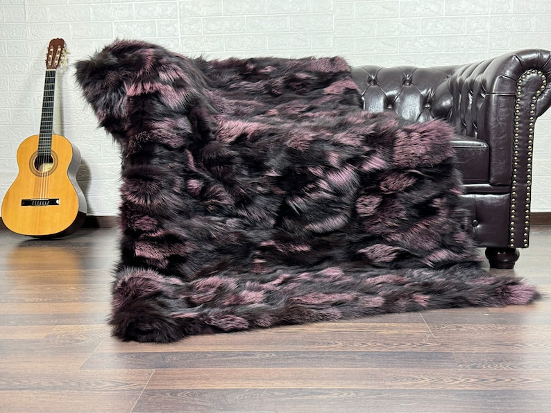 Real Black Purple Fox Fur Blanket Throw Blanket • Home Warmer Genuine Fur Blanket Throw • Housewarming gift • Luxury Fur Blanket Sofa Cover