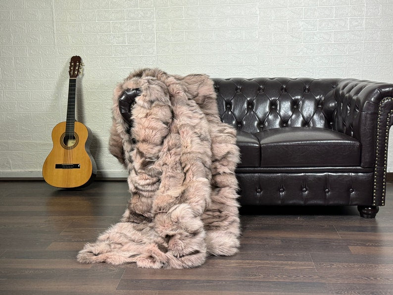 Real Baby Pink Fox Fur Blanket Throw Blanket • Home Warmer Genuine Fur Blanket Throw • Housewarming gift • Luxury Fur Blanket Sofa Cover