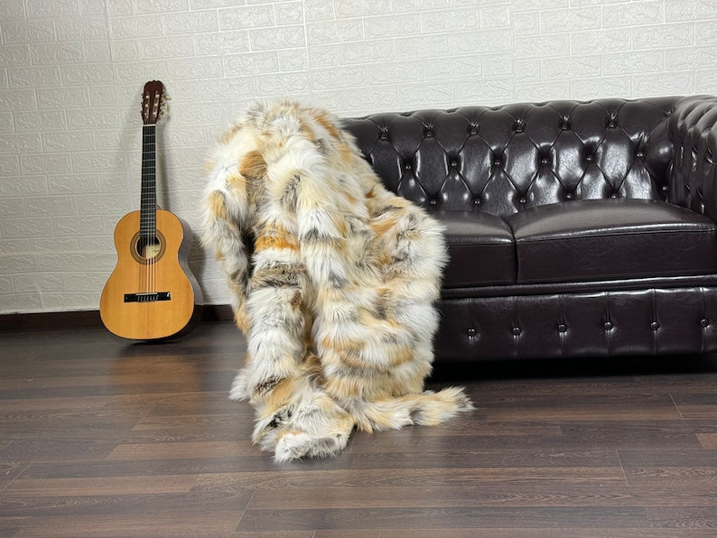 Real Golden Fox Fur Blanket Throw Blanket • Home Warmer Genuine Fur Blanket Throw • Housewarming gift • Luxury Fur Blanket Sofa Cover