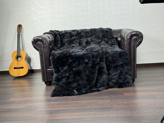 BLACK DOUBLE SIDED Rex Rabbit Fur Blanket • Luxury Fur Blanket Throw • Fur Bedspread • Home Warmer Blanket • Perfect for your Living Room