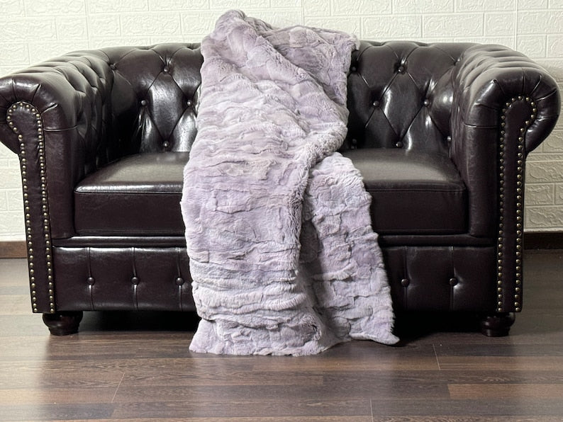 PURPLE DOUBLE SIDED Rex Rabbit Fur Blanket  •  Luxury Fur Blanket Throw  • Fur Bedspread  •  Home Warmer Blanket  • Perfect for your Living Room