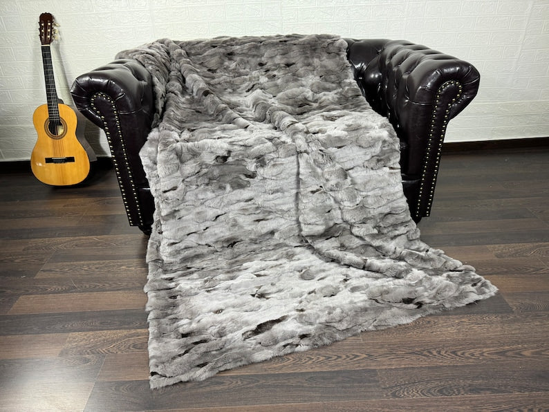 GRAY DOUBLE SIDED Rex Rabbit Fur Blanket  •  Luxury Fur Blanket Throw  • Fur Bedspread  •  Home Warmer Blanket  • Perfect for your Living Room