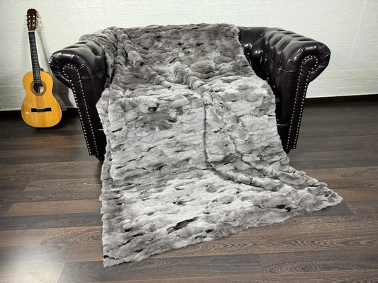 GRAY DOUBLE SIDED Rex Rabbit Fur Blanket • Luxury Fur Blanket Throw • Fur Bedspread • Home Warmer Blanket • Perfect for your Living Room