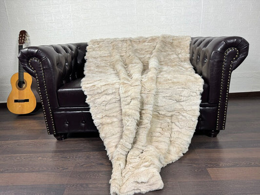 Real Beige Rex Rabbit Fur Blanket • Luxury Fur Blanket Throw • Fur Bedspread • Home Warmer Blanket • Perfect for your Living Room