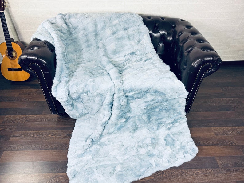 LIGHT BLUE DOUBLE SIDED Rex Rabbit Fur Blanket  •  Luxury Fur Blanket Throw  • Fur Bedspread  •  Home Warmer Blanket  • Perfect for your Living Room