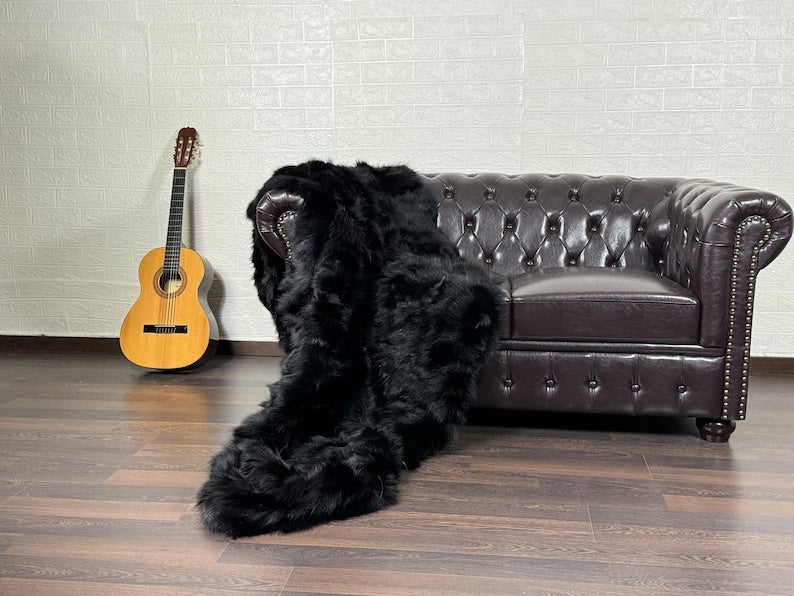 BLACK DOUBLE SIDED Fox fur throw blanket