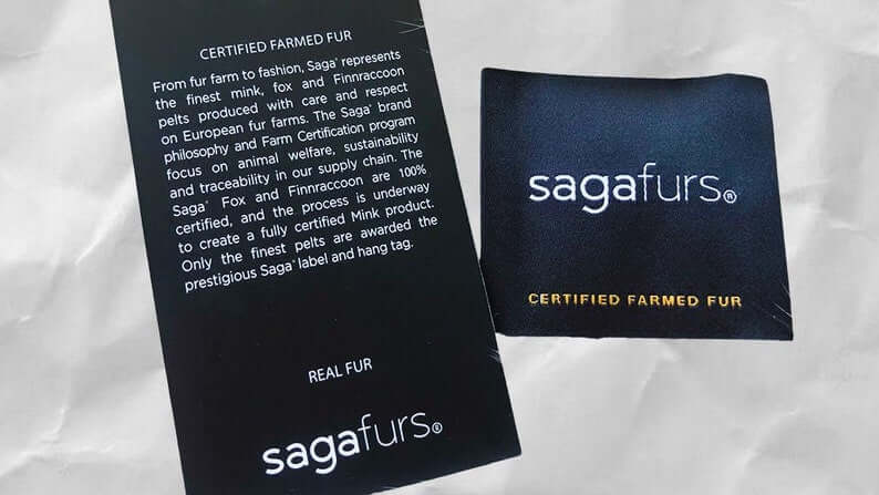 SagaFurs certified farmed fur label highlighting sustainable practices and quality assurance.