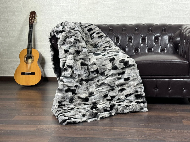 Chinchilla Color Rex Rabbit Fur Blanket Throw