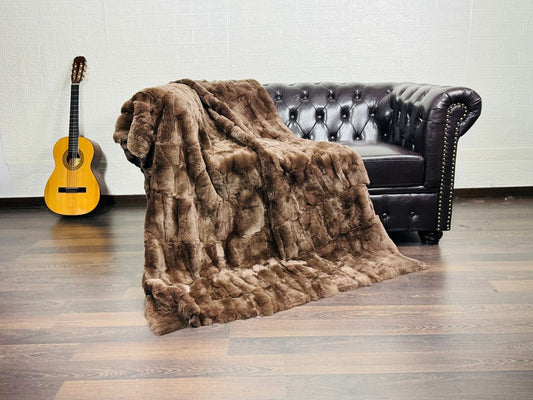 BROWN DOUBLE SIDED Rex Rabbit Fur Blanket • Luxury Fur Blanket Throw • Fur Bedspread • Home Warmer Blanket • Perfect for your Living Room