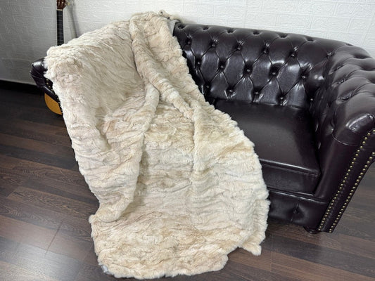 BEIGE DOUBLE SIDED Rex Rabbit Fur Blanket • Luxury Fur Blanket Throw • Fur Bedspread • Home Warmer Blanket • Perfect for your Living Room
