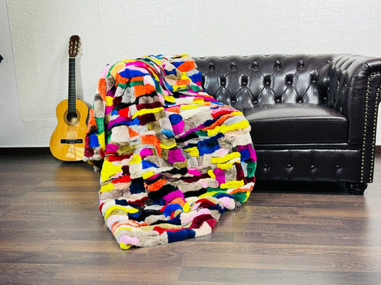 MULTICOLOR DOUBLE SIDED Rex Rabbit Fur Blanket • Luxury Fur Blanket Throw • Fur Bedspread • Home Warmer Blanket • Perfect for your Living Room