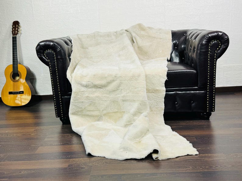 BEIGE Real SHEEPSKIN FUR Throw Blanket • Large Area Rug  • Ethically and Organically Wool Rug