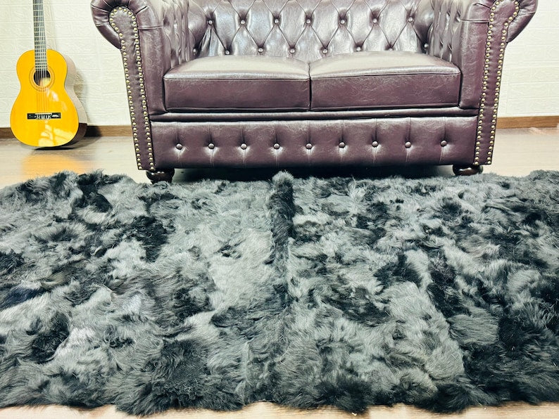 BLACK Fluffy Real SHEEPSKIN Toscane Fur Throw Blanket • Large Area Rug  • Ethically and Organically Wool Rug