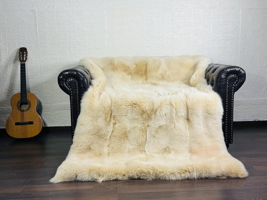 Real Fox Fur Full Skin Throw Blanket Ivory Beige