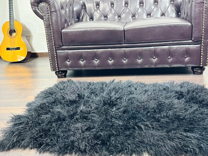 BLACK Fluffy Real SHEEPSKIN Mongolian Fur Throw Blanket • Large Area Rug  • Ethically and Organically Wool Rug