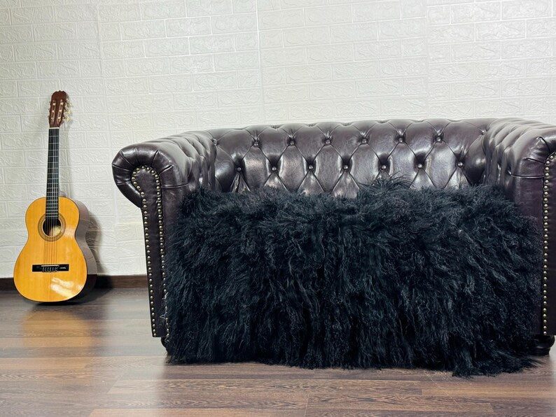 BLACK Fluffy Real SHEEPSKIN Mongolian Fur Throw Blanket • Large Area Rug  • Ethically and Organically Wool Rug