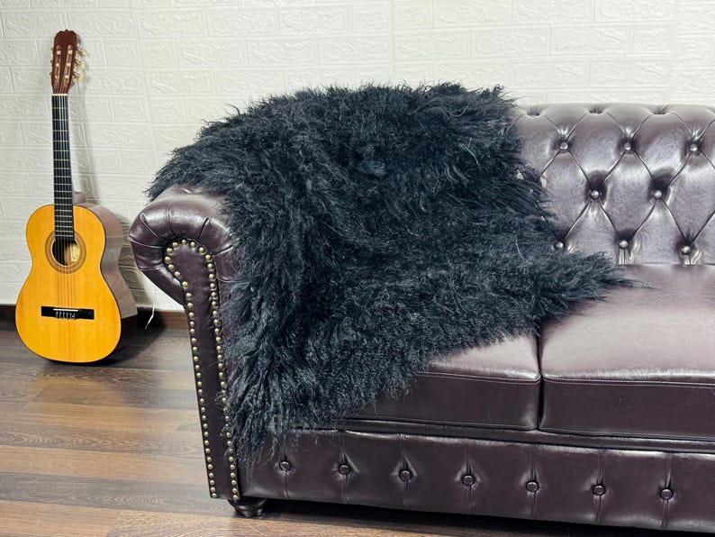 BLACK Fluffy Real SHEEPSKIN Mongolian Fur Throw Blanket • Large Area Rug  • Ethically and Organically Wool Rug