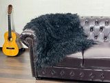 BLACK Fluffy Real SHEEPSKIN Mongolian Fur Throw Blanket • Large Area Rug  • Ethically and Organically Wool Rug