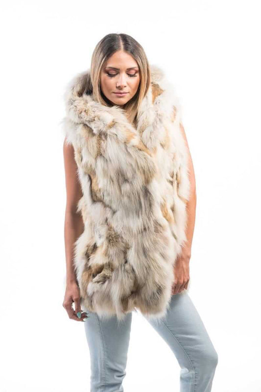 Fox Fur Vest Golden Long Coat Jacket Hooded - Tatifurs worn by a model against a white background.
