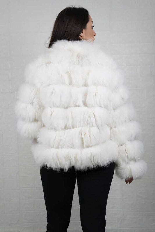 Back view of white fox fur short jacket with slim fitted collar, TatiFurs