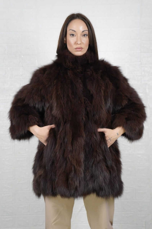 Brown fox fur jacket with collar — front view, TatiFurs