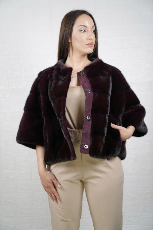Burgundy mink fur bomber jacket front view – full skin pelts and ribbed cuffs