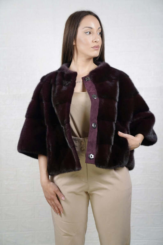 Burgundy mink fur bomber jacket front view – full skin pelts and ribbed cuffs