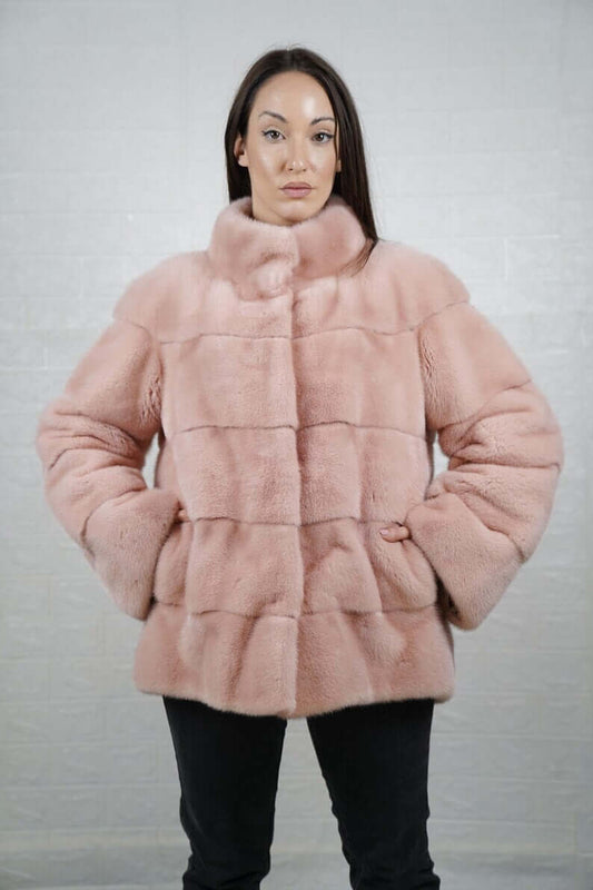 Mink Fur Jacket Pink Collared - Tatifurs worn by model, showcasing soft pink fur with a stylish collar.