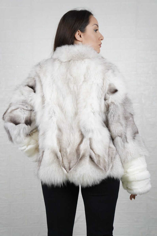 Fox Fur Jacket Natural Blue collared - Tatifurs back view, showcasing plush natural blue-gray fox fur.
