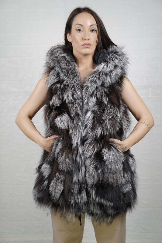 Fox Fur Vest Silver Long Coat Jacket Hooded - Tatifurs displayed on a model, showcasing luxurious silver fox fur and a hood.