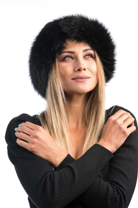 Rabbit fox fur hat black displaying voluminous round black rabbit outer surface and black fox base brim sitting high on the head — Greek craftsmanship, TatiFurs