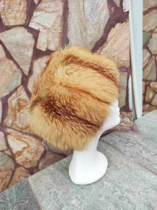 Fox fur hat red canadian displaying voluminous round full skin deep rich Canadian red fox fur silhouette sitting high on the head — Greek craftsmanship, TatiFurs