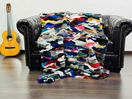 rex rabbit fur throw blanket multicolor — dense velvety rex rabbit pile, close-up multicolor panel detail — Greek craftsmanship, TatiFurs