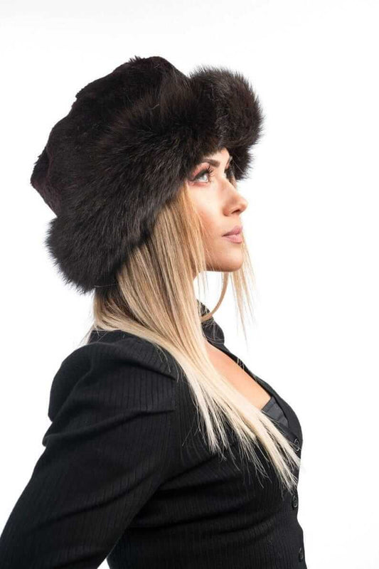 Rabbit fox fur hat brown displaying voluminous round brown rabbit outer surface and brown fox base brim sitting high on the head — Greek craftsmanship, TatiFurs