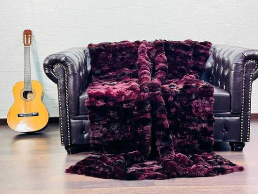 rex rabbit fur throw blanket red black — dense velvety rex rabbit pile, close-up texture detail — Greek craftsmanship, TatiFurs