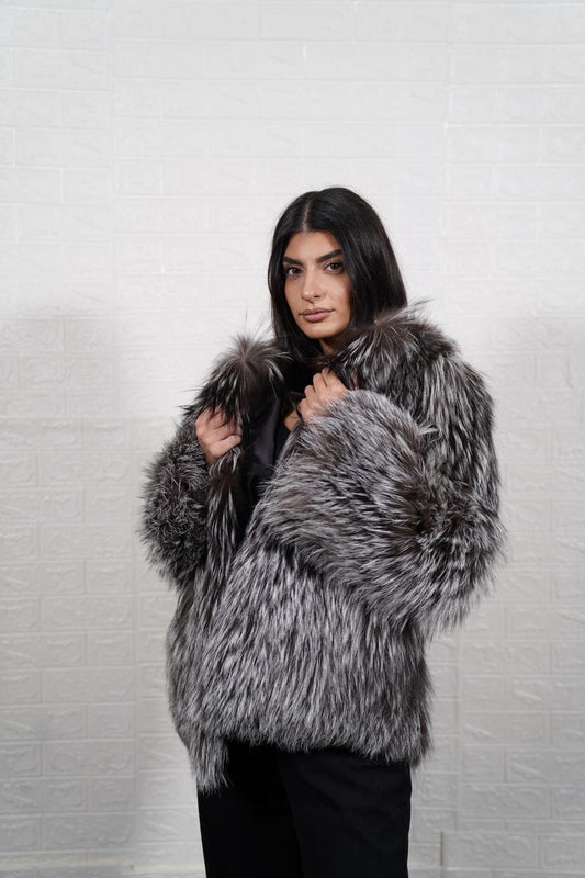 Silver fox fur coat jacket front view – full skin pelts and elegant collar