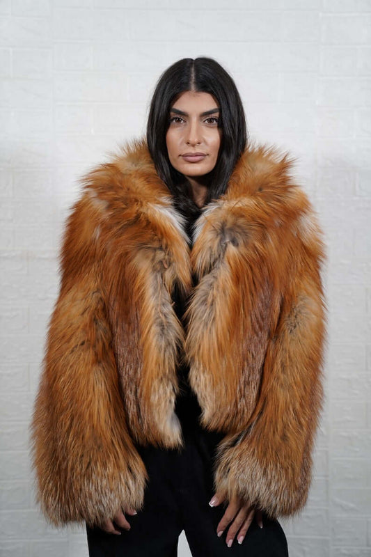 Golden fox fur skin short jacket with collar, front view
