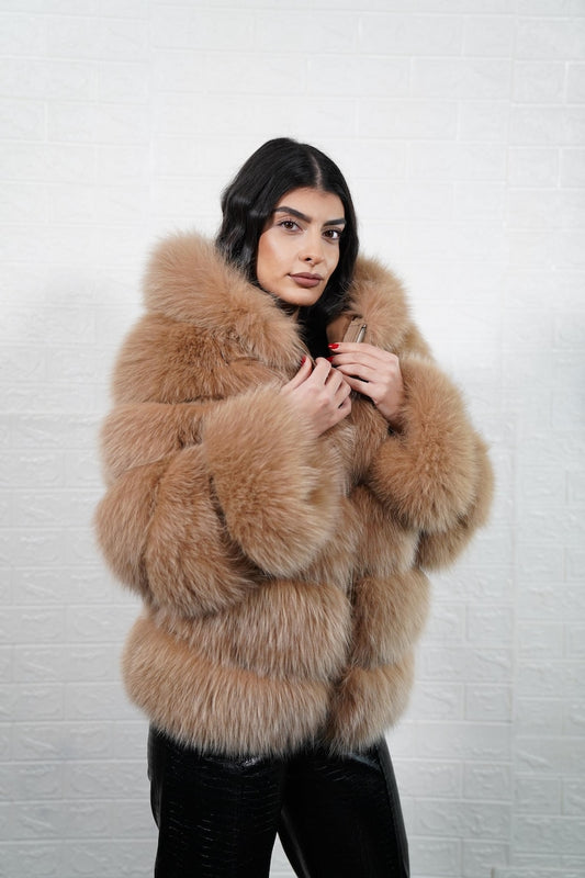 Statement piece camel brown fox fur coat styled for winter