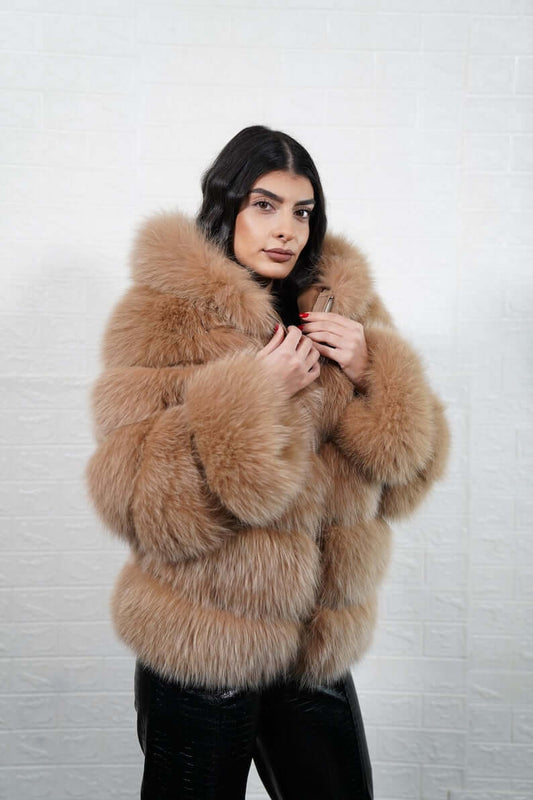 Statement piece camel brown fox fur coat styled for winter