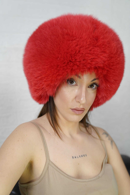 Fox fur hat red displaying voluminous round full skin red fox fur silhouette sitting high on the head — Greek craftsmanship, TatiFurs